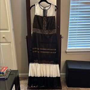 New York & Company Black and White Lace-Trim Maxi Dress